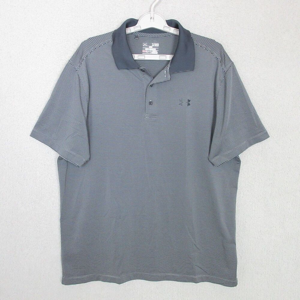 Under Armour‎ Polo Shirt Mens XL Gray Striped Loose Heatgear Short Sleeve